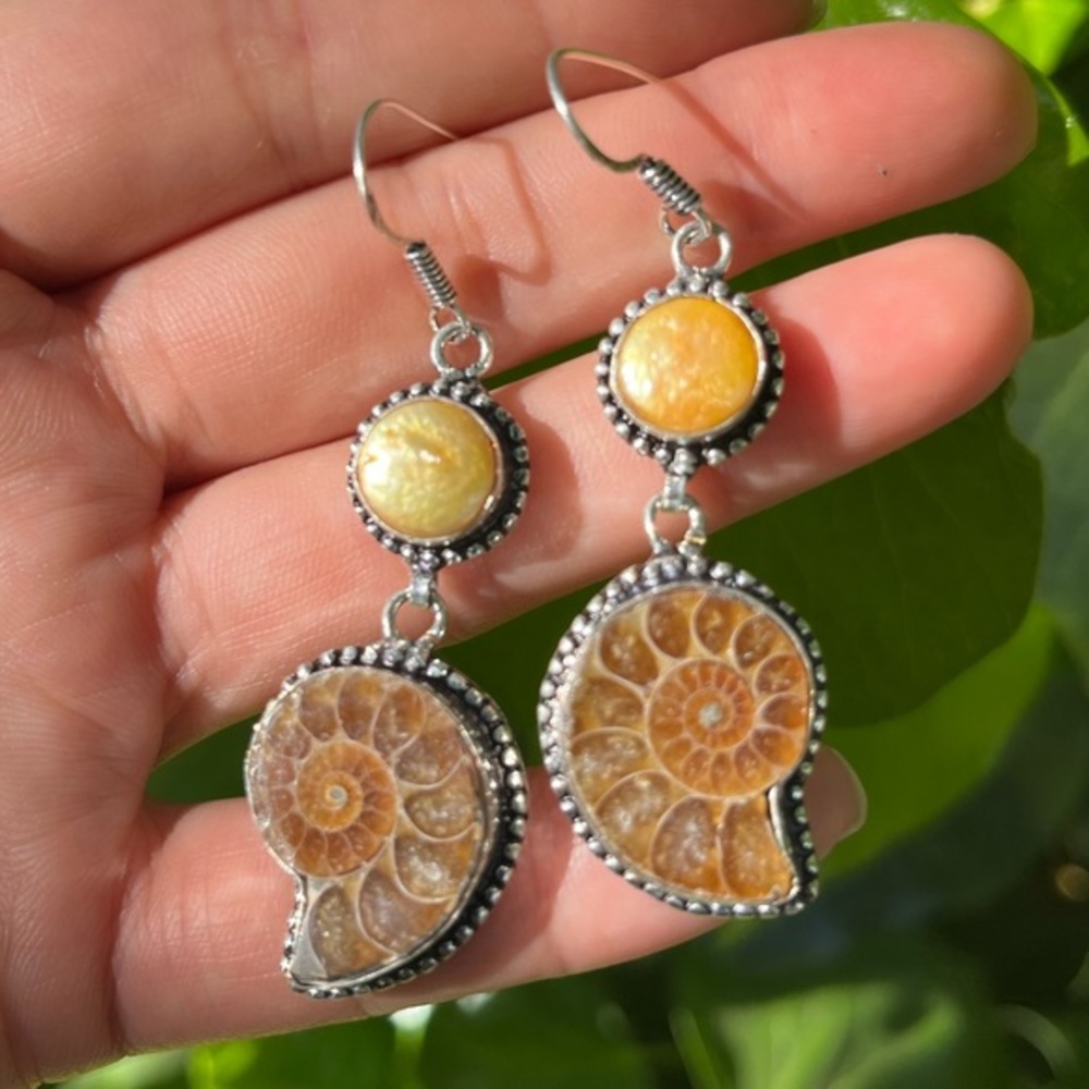 925 Silver Overlay Natural Fossilized Ammonite Earrings - Picture 2 of 6